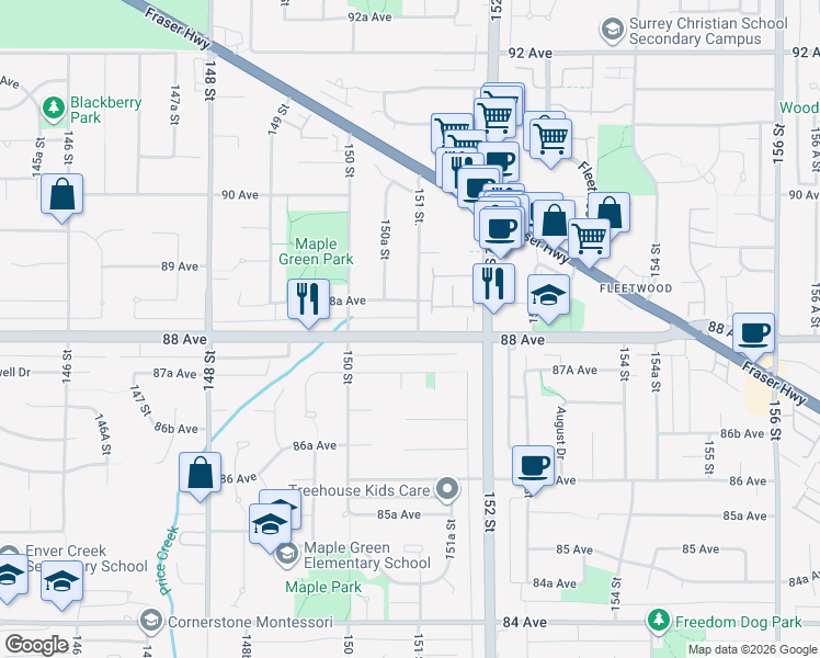 map of restaurants, bars, coffee shops, grocery stores, and more near 15099 88 Avenue in Surrey