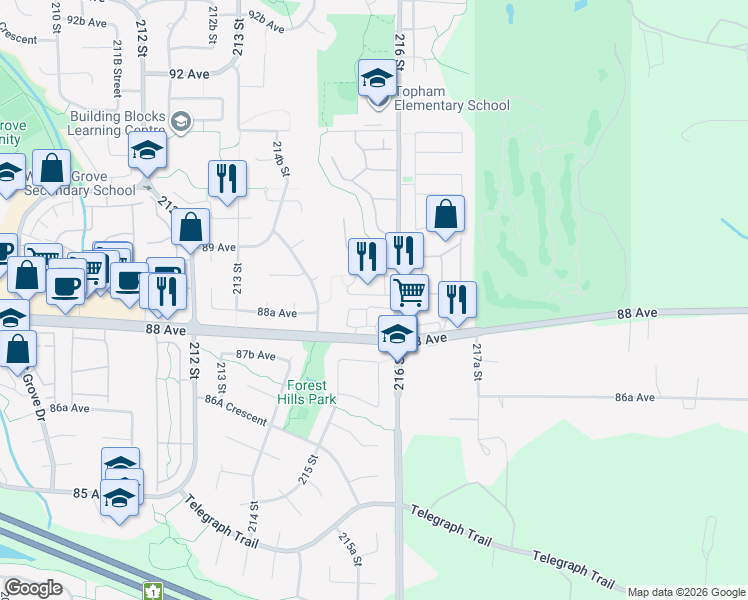 map of restaurants, bars, coffee shops, grocery stores, and more near 8863 216 Street in Langley Township