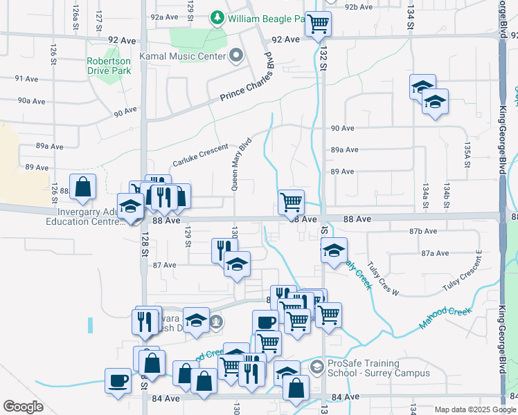map of restaurants, bars, coffee shops, grocery stores, and more near 13067 88 Avenue in Surrey