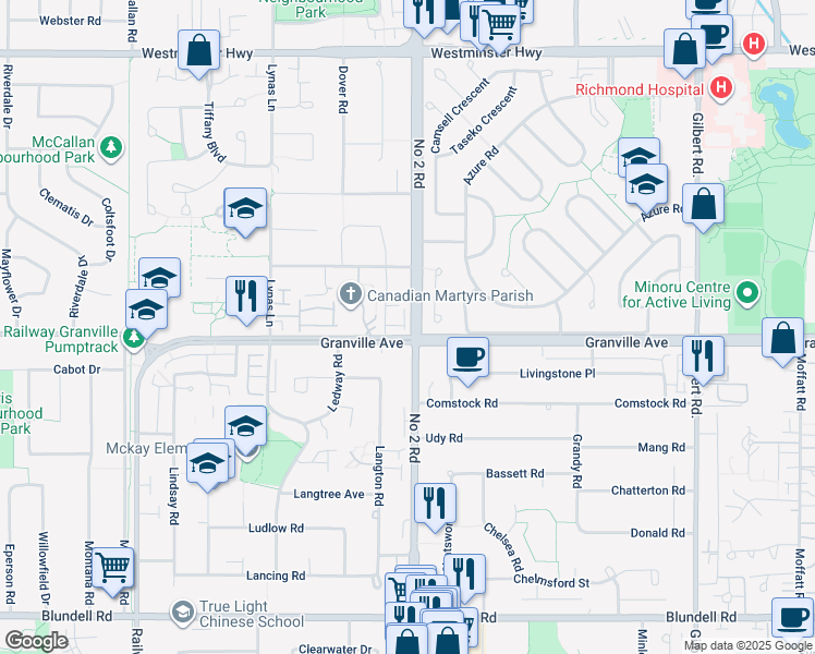 map of restaurants, bars, coffee shops, grocery stores, and more near 5740 Garrison Road in Richmond