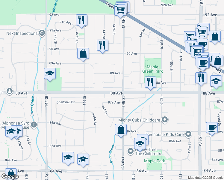 map of restaurants, bars, coffee shops, grocery stores, and more near 14747 88 Avenue in Surrey