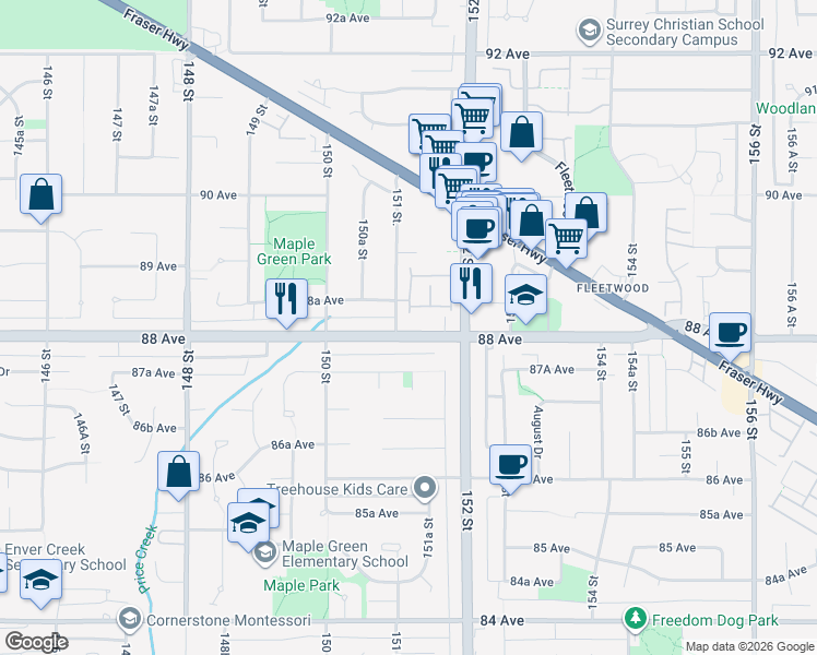 map of restaurants, bars, coffee shops, grocery stores, and more near 15119 88 Avenue in Surrey