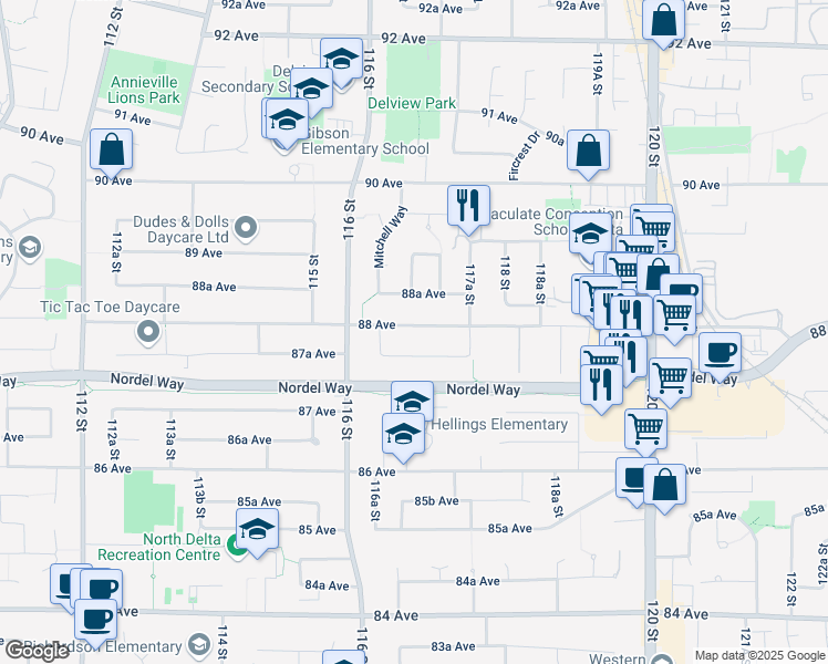 map of restaurants, bars, coffee shops, grocery stores, and more near 11654 88 Avenue in Delta