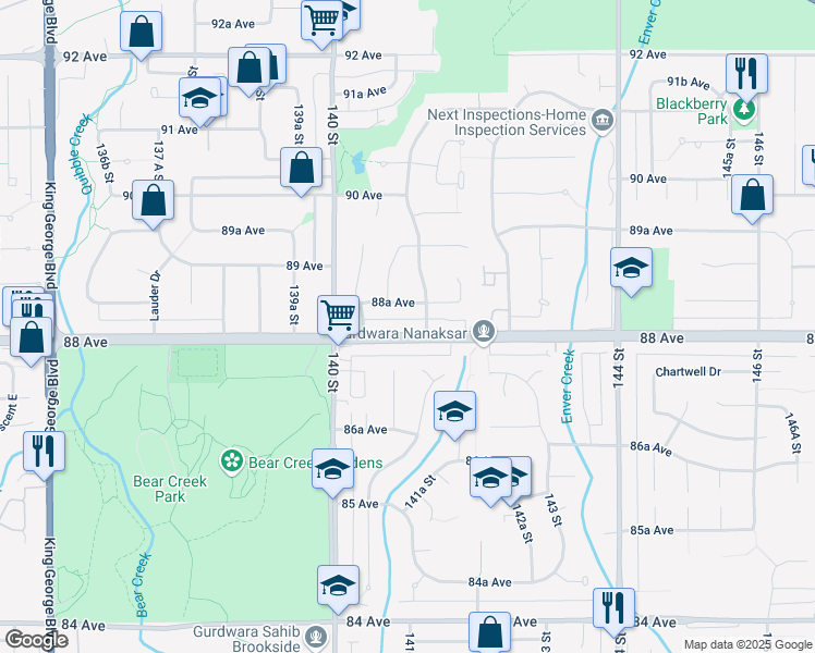 map of restaurants, bars, coffee shops, grocery stores, and more near 14115 88 Avenue in Surrey