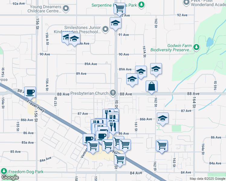 map of restaurants, bars, coffee shops, grocery stores, and more near 8825 160 Street in Surrey