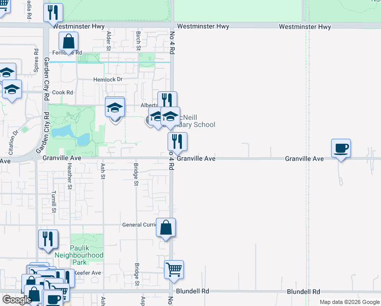 map of restaurants, bars, coffee shops, grocery stores, and more near 10131 Granville Avenue in Richmond