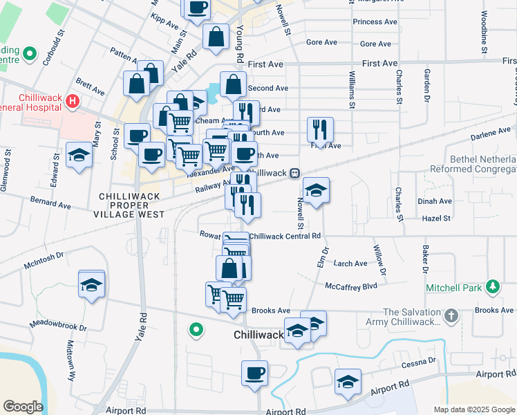 map of restaurants, bars, coffee shops, grocery stores, and more near 8850 Young Road in Chilliwack