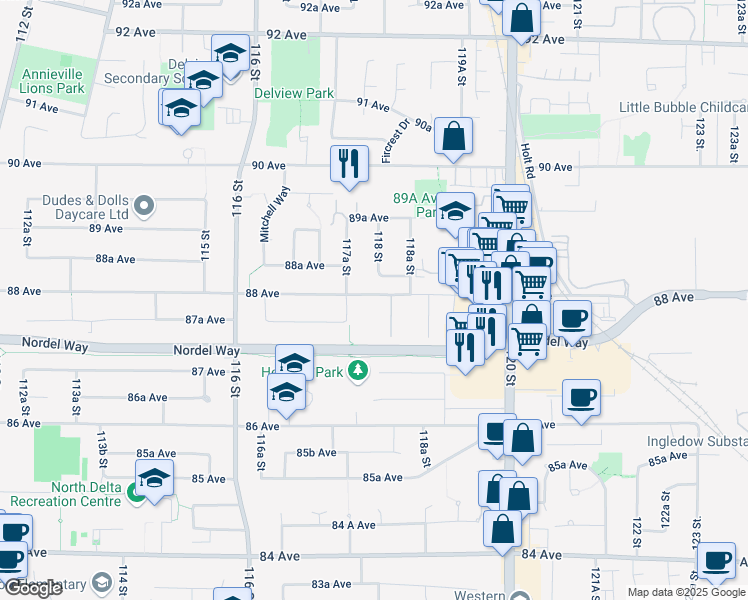 map of restaurants, bars, coffee shops, grocery stores, and more near in Delta