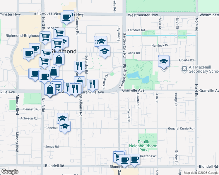 map of restaurants, bars, coffee shops, grocery stores, and more near 8740 Citation Drive in Richmond