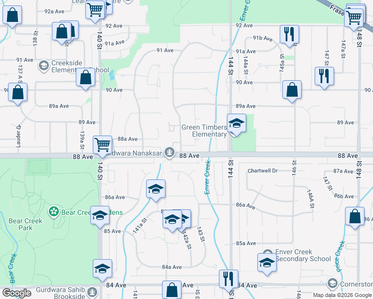 map of restaurants, bars, coffee shops, grocery stores, and more near 14271 88 Avenue in Surrey