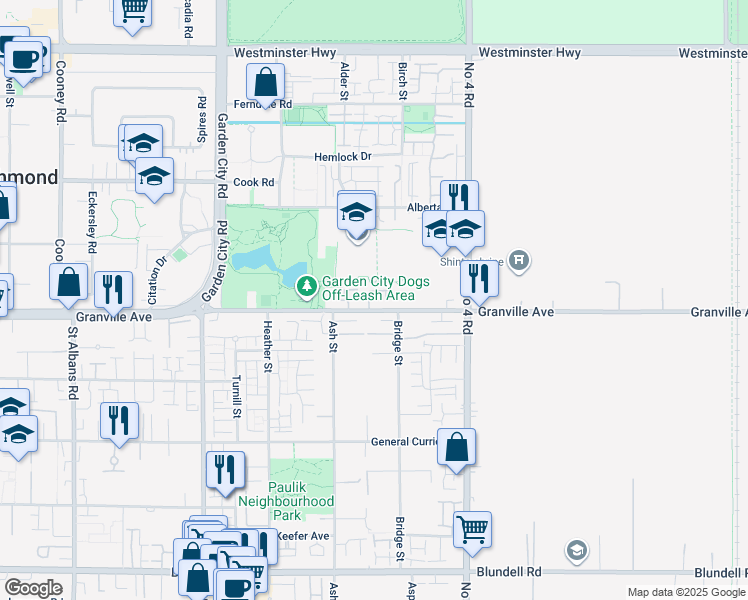 map of restaurants, bars, coffee shops, grocery stores, and more near 9533 Granville Avenue in Richmond
