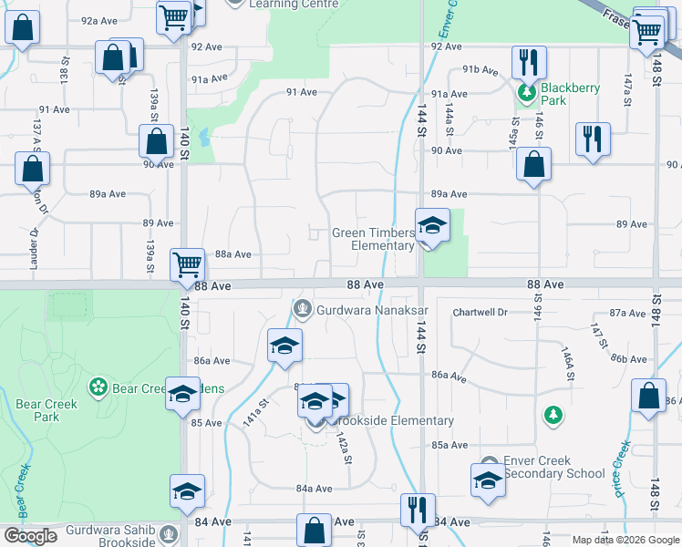 map of restaurants, bars, coffee shops, grocery stores, and more near 14271 88 Avenue in Surrey