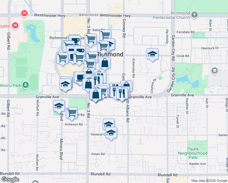map of restaurants, bars, coffee shops, grocery stores, and more near 8231 Granville Avenue in Richmond
