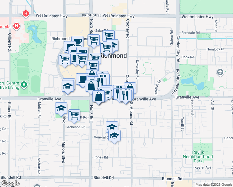 map of restaurants, bars, coffee shops, grocery stores, and more near 8231 Granville Avenue in Richmond