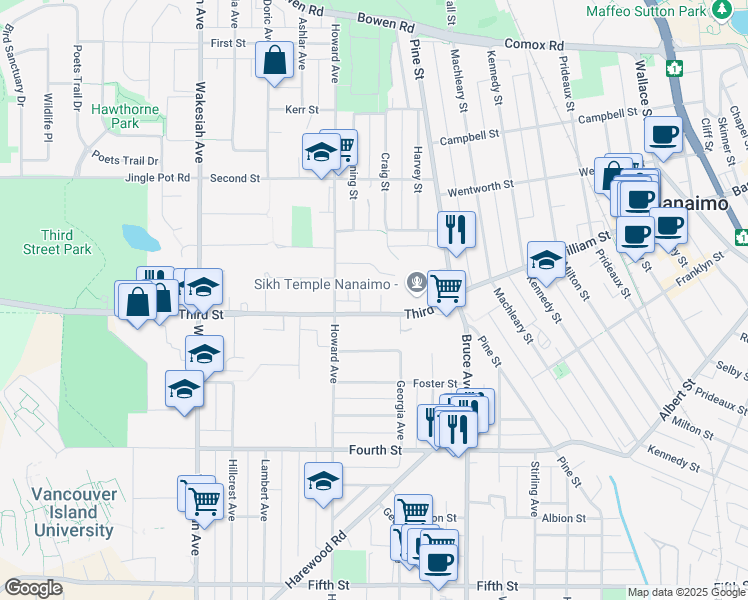 map of restaurants, bars, coffee shops, grocery stores, and more near 471 Third Street in Nanaimo