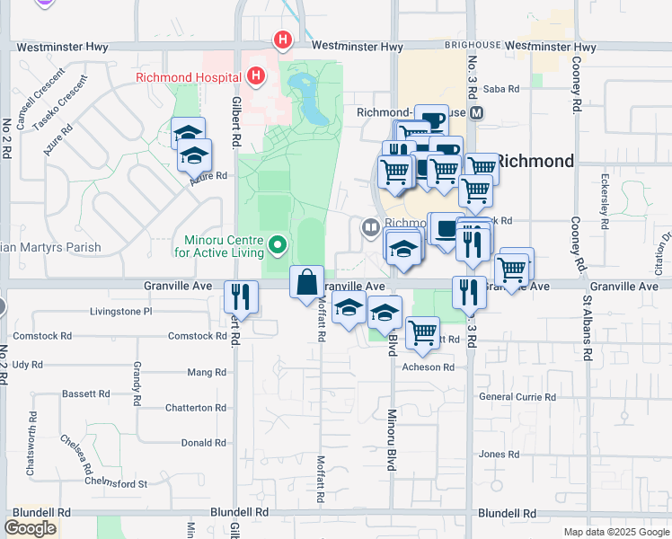 map of restaurants, bars, coffee shops, grocery stores, and more near 6611 Minoru Gate in Richmond