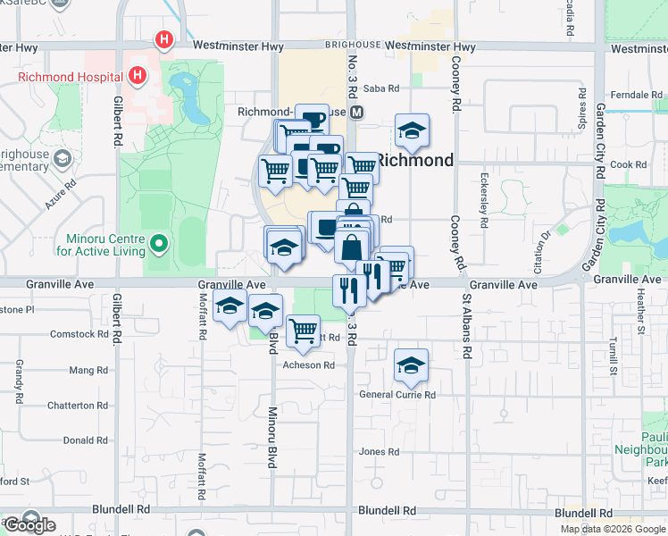 map of restaurants, bars, coffee shops, grocery stores, and more near 6911 Number 3 Road in Richmond