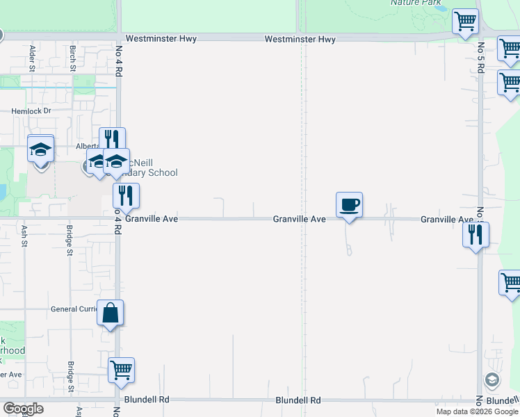 map of restaurants, bars, coffee shops, grocery stores, and more near 10651 Granville Avenue in Richmond