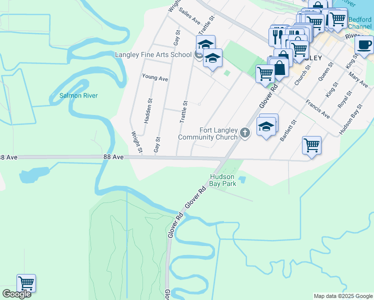 map of restaurants, bars, coffee shops, grocery stores, and more near 8823 Nash Street in Langley Township