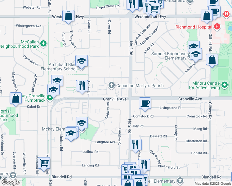 map of restaurants, bars, coffee shops, grocery stores, and more near 5791 Granville Avenue in Richmond