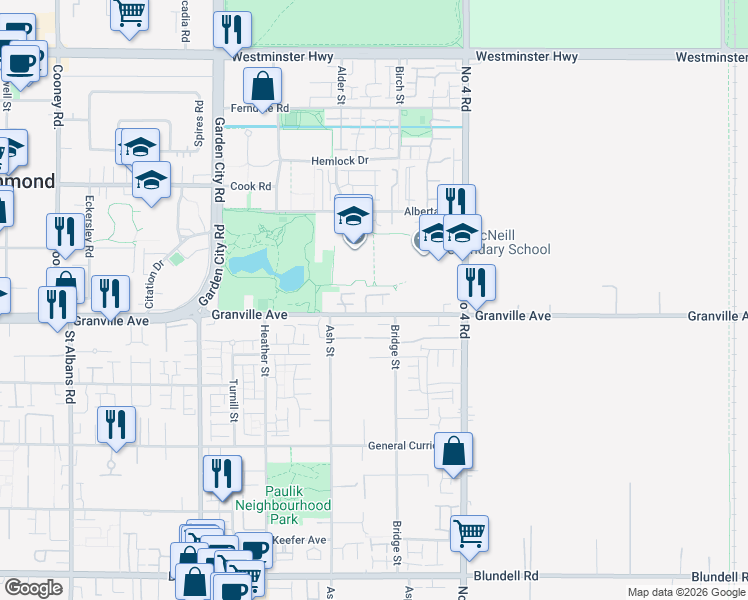 map of restaurants, bars, coffee shops, grocery stores, and more near 9533 Granville Avenue in Richmond