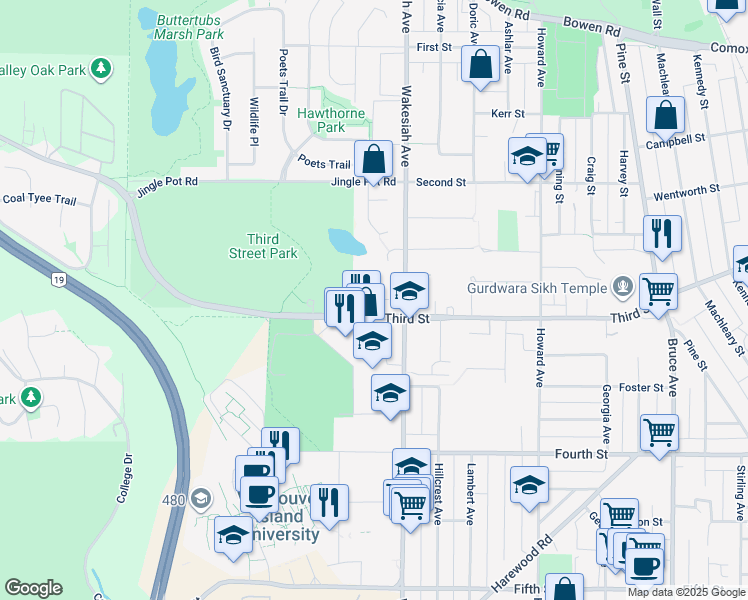 map of restaurants, bars, coffee shops, grocery stores, and more near O'Brien Place in Nanaimo