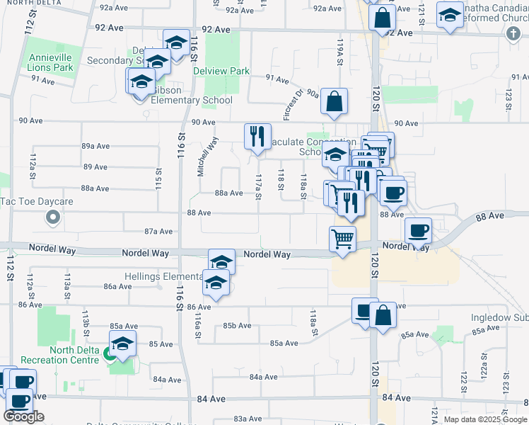 map of restaurants, bars, coffee shops, grocery stores, and more near 8830 117A Street in Delta