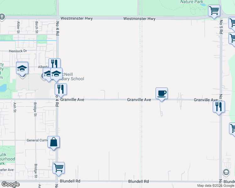 map of restaurants, bars, coffee shops, grocery stores, and more near 10591 Granville Avenue in Richmond