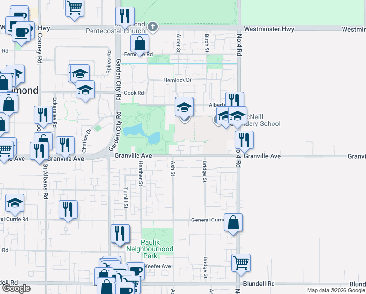 map of restaurants, bars, coffee shops, grocery stores, and more near 9451 Granville Avenue in Richmond