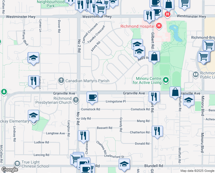map of restaurants, bars, coffee shops, grocery stores, and more near 6559 Azure Road in Richmond