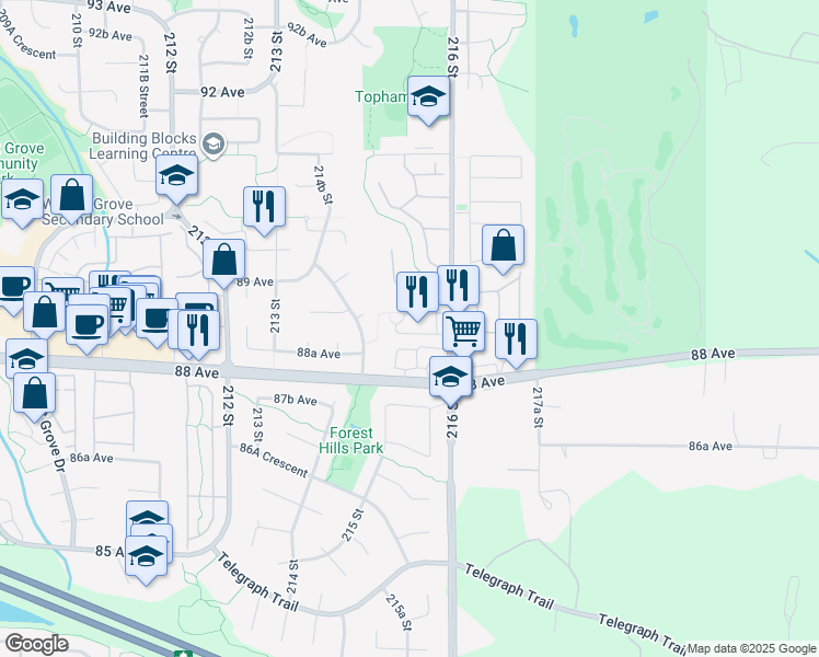 map of restaurants, bars, coffee shops, grocery stores, and more near 8863 216 Street in Langley Township