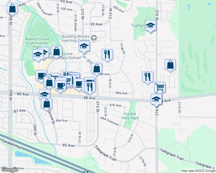 map of restaurants, bars, coffee shops, grocery stores, and more near 8849 213 Street in Langley