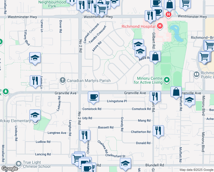 map of restaurants, bars, coffee shops, grocery stores, and more near 6551 Azure Road in Richmond