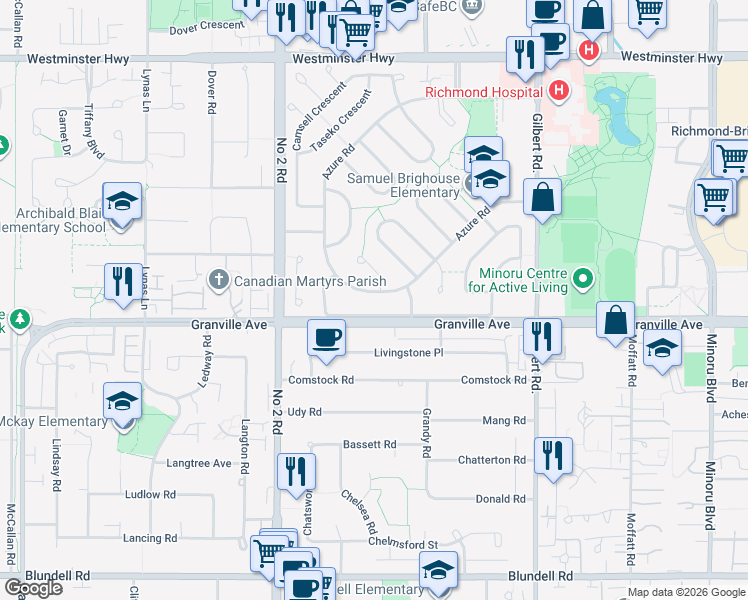 map of restaurants, bars, coffee shops, grocery stores, and more near in Richmond