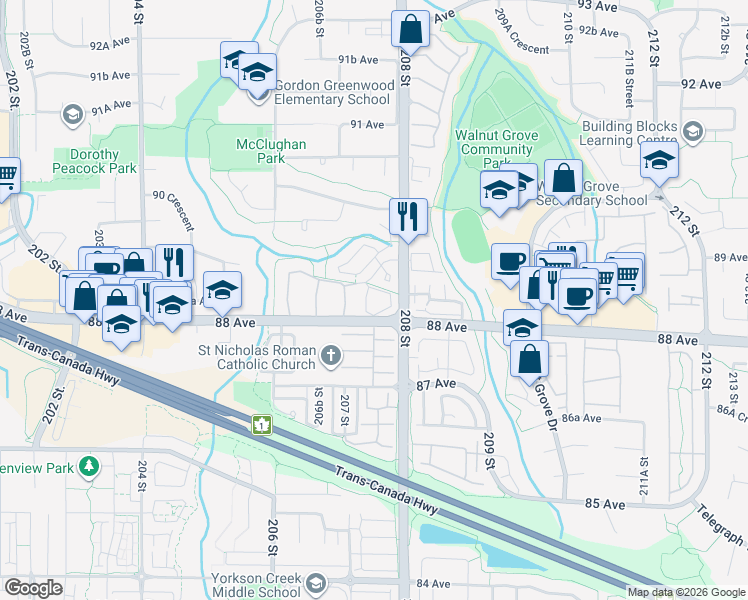 map of restaurants, bars, coffee shops, grocery stores, and more near 20750 Telegraph Trail in Langley Township
