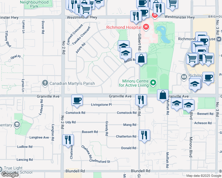 map of restaurants, bars, coffee shops, grocery stores, and more near 6140 Otter Place in Richmond