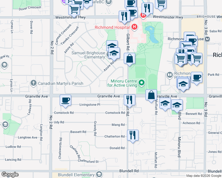map of restaurants, bars, coffee shops, grocery stores, and more near 6431 Nanika Crescent in Richmond