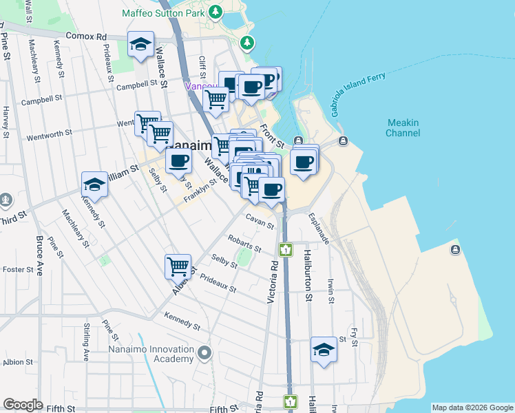 map of restaurants, bars, coffee shops, grocery stores, and more near 13 Victoria Crescent in Nanaimo