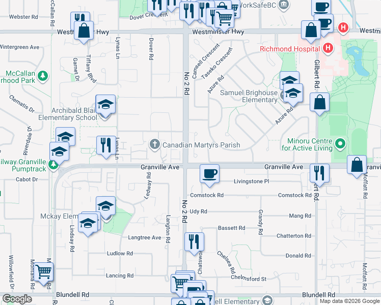map of restaurants, bars, coffee shops, grocery stores, and more near 6171 Twintree Place in Richmond