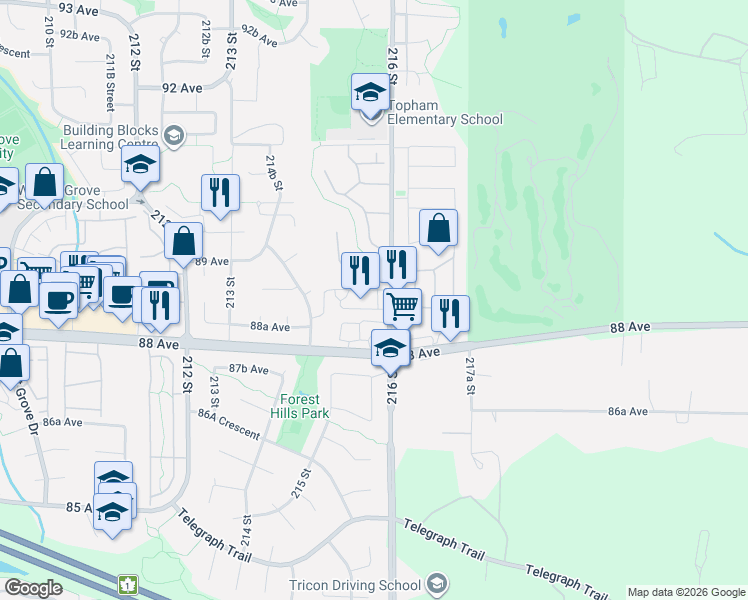 map of restaurants, bars, coffee shops, grocery stores, and more near 8863 216 Street in Langley Township