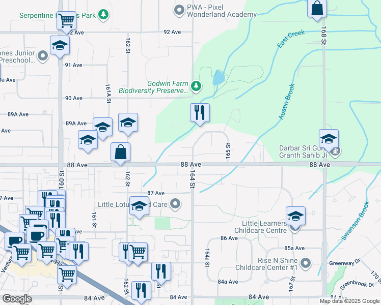 map of restaurants, bars, coffee shops, grocery stores, and more near in Surrey