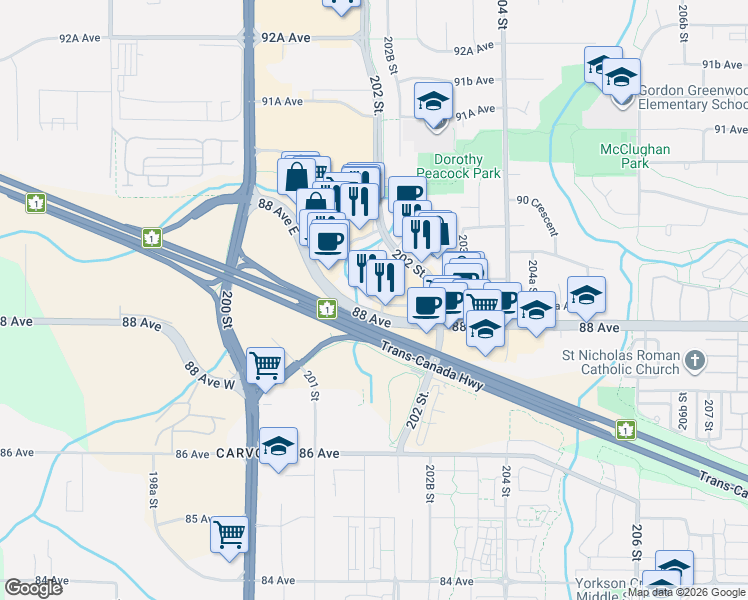 map of restaurants, bars, coffee shops, grocery stores, and more near 8929 202 Street in Langley Township
