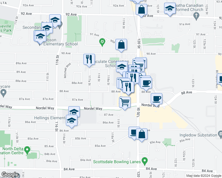 map of restaurants, bars, coffee shops, grocery stores, and more near 11861 88 Avenue in Delta