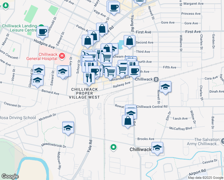 map of restaurants, bars, coffee shops, grocery stores, and more near 45831 Railway Avenue in Chilliwack