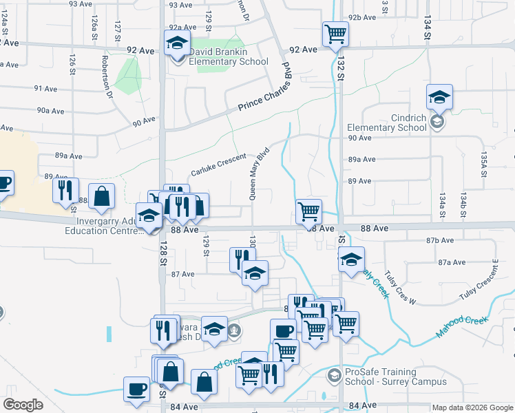 map of restaurants, bars, coffee shops, grocery stores, and more near 8846 Queen Mary Boulevard in Surrey