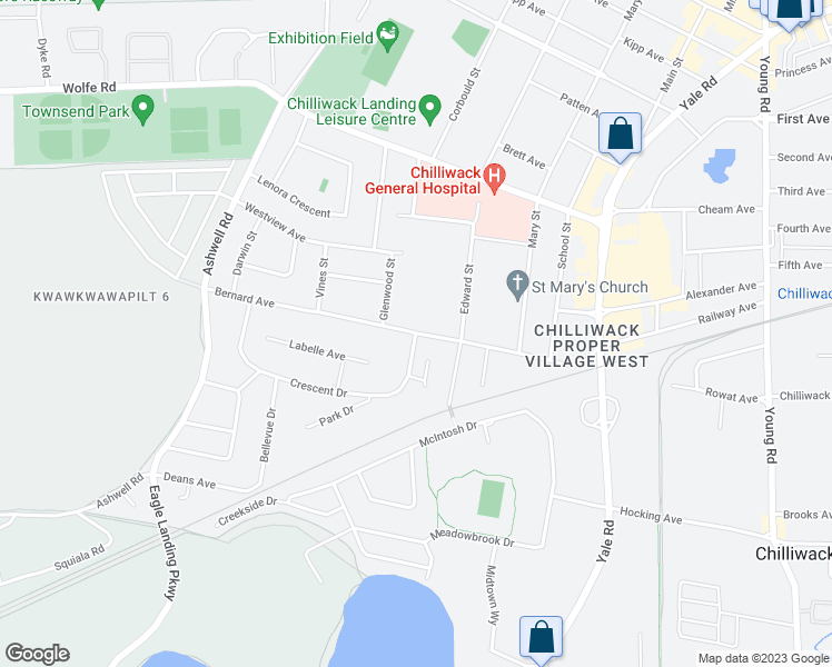 map of restaurants, bars, coffee shops, grocery stores, and more near Bernard Avenue in Chilliwack