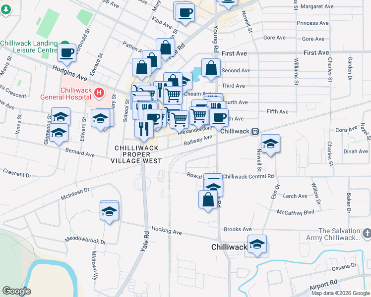 map of restaurants, bars, coffee shops, grocery stores, and more near 45831 Railway Avenue in Chilliwack