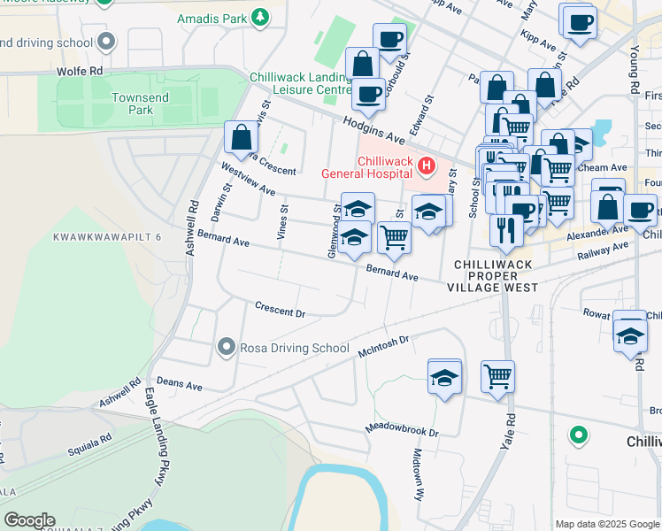 map of restaurants, bars, coffee shops, grocery stores, and more near 45430 Bernard Avenue in Chilliwack