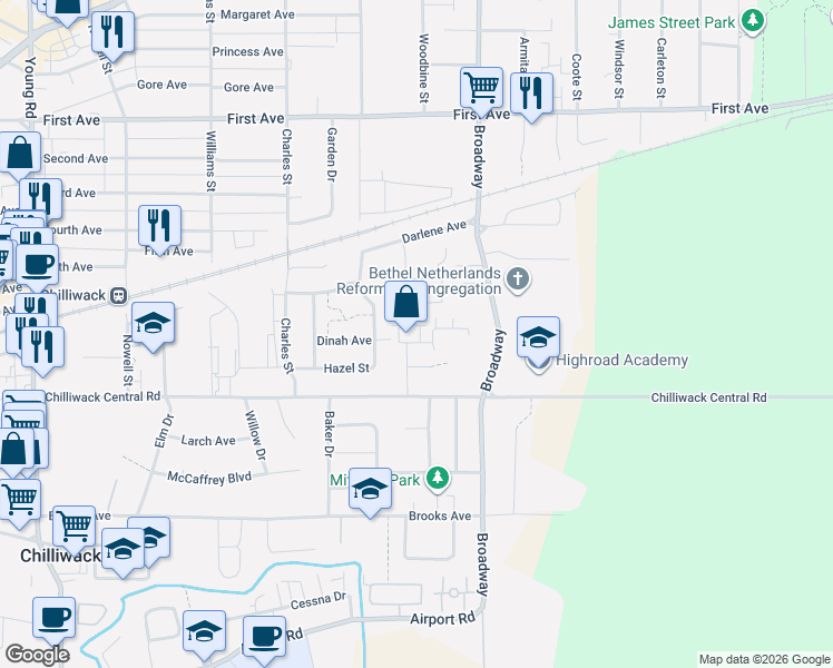 map of restaurants, bars, coffee shops, grocery stores, and more near 8881 Walters Street in Chilliwack