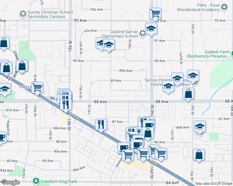 map of restaurants, bars, coffee shops, grocery stores, and more near 15828 88A Avenue in Surrey